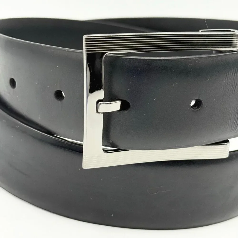 Genuine Leather Black Belt with Chrome Silver Buckle - Men’s US 36